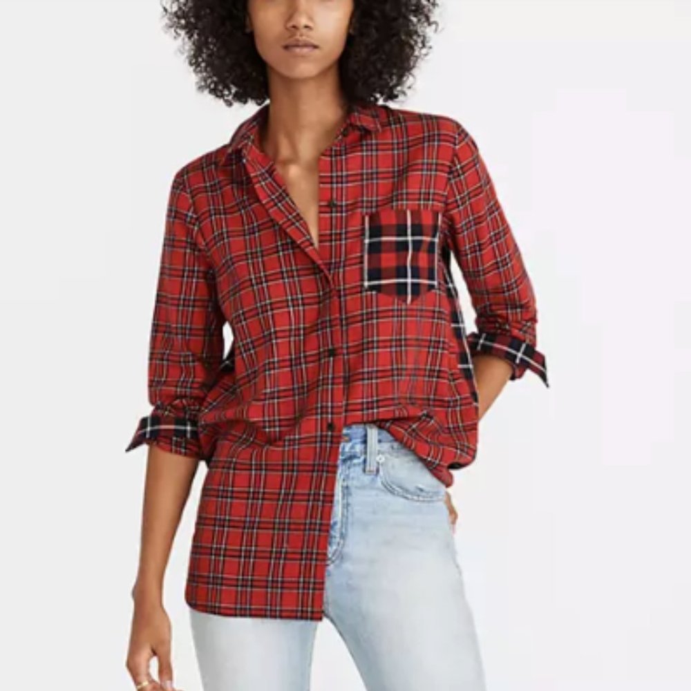 Madewell Ex Boyfriend Button Down in Red Plaid Patchwork